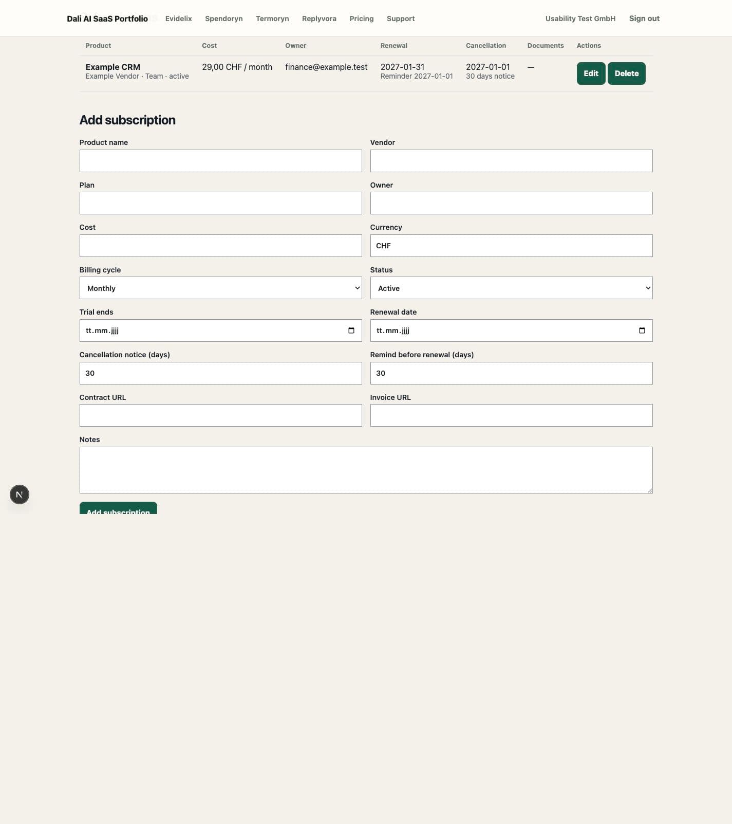 Spendoryn product dashboard with synthetic test data